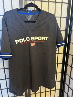Polo by Ralph Lauren Black Mesh Polo Sport Tee with Blue Sleeve Stripes